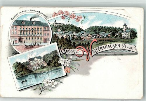 99880 O5812 Waltershausen , Thür Lithographie Schloss Reinhardsbrunn Gasthaus zum Hirsch