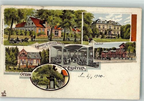 27324 W2813 Eystrup 1900 Lithographie Eystruper Fruchtwein-Kellerei Faßkeller Bahnhof Dorf-Eiche