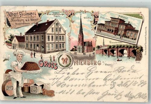 31582 W3070 Nienburg Weser 1899 Lithographie Nienburger Bisquit Stammhaus der echten Nienburger Bisquit Bäcker Wespe Bahnhof Weser-Brücke