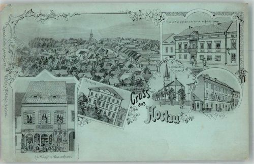 Hostau Postamt Hotel zum schwarzen Adler Geschäft Schule Kirche Lithographie