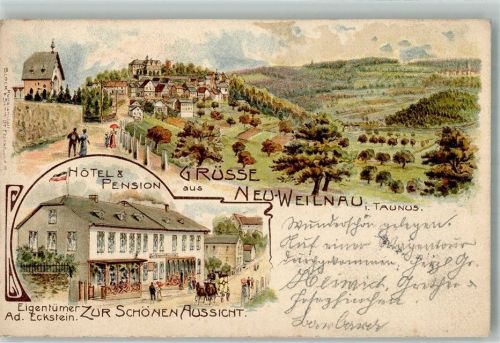 61276 W6395 Neuweilnau 1904 Lithographie Hotel & Pension zur Schönen Aussicht
