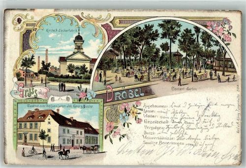 Dröbel 1902 Kirche Zuckerfabrik Gasthaus zum weissen Lamm Konzert-Garten