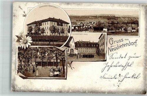 99192 O5103 Neudietendorf 1895 Lithographie Vorläufer Druck um 1890 Mädchen-Pensionat Schwesternhaus Garten