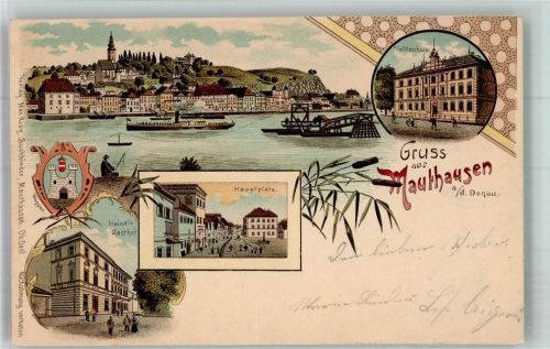 Mauthausen 1896 Wappen Gasthaus Heindl Hauptplatz Volksschule