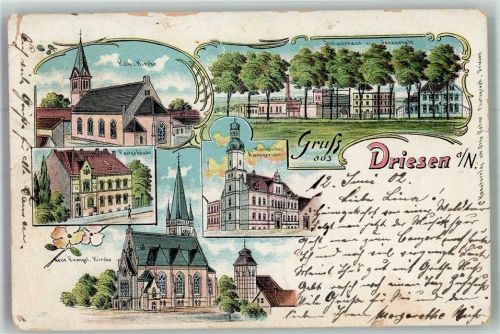 Driesen 1902 Kath. Kirche Gericht ev. Kirche Postamt Schlachthaus und Gasanstalt Lithographie
