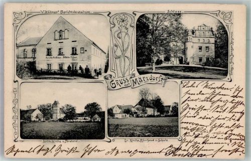 Merzdorf Marciszow 1904 Foto AK Schloss Kath. Kirche Ev. Kirche Gasthaus Gerichtskretscham