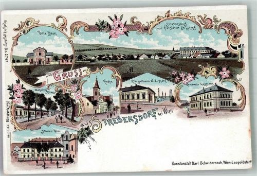 1210 Wien 21. Bezirk, Floridsdorf Gebrauchsspuren Strebersdorf Pensionat St. Josef Gemeinde Gasthaus Kirche Marienheim Bahnhofstrasse Lithographie