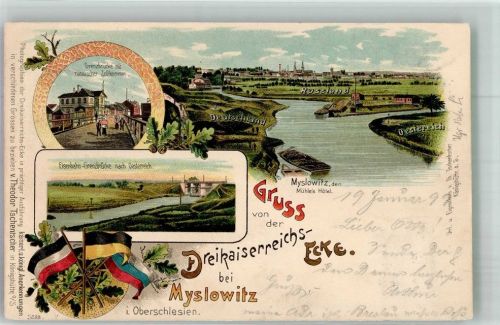 Myslowitz Myslowice 1896 Lithographie Grenze Dreikaiser-Ecke Zollkammer Eisenbahn Grenzbrücke