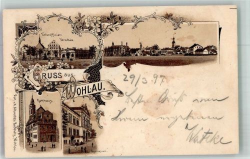 Wohlau 1897 Kaserne Unteroffiziersschule Rathaus Gymnasium Bahnpost Breslau-Stettin Zug 1007