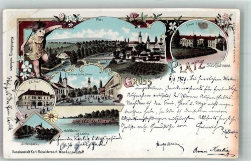 Misto 1899 Engel Postamt Rathaus Holzfässerei Schloss Lithographie