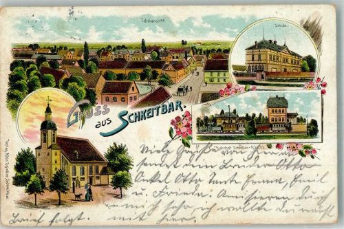 04420 O7101 Schkeitbar 1908 Lithographie Dorfkirche Bahnhof Schule