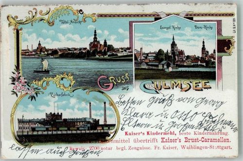 Bromberg Bydgoszcz 1903 Gebrauchsspuren Zucker- Fabrik Ev. Kirche Dom-Kirche Culmsee Werbung Kaisers Brust-Camellen Lithographie