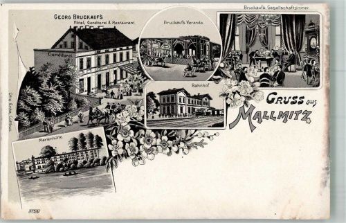 Mallmitz Malomice Gebrauchsspuren Bahnhof Hotel Gasthaus Burckauf Marienhütte Lithographie