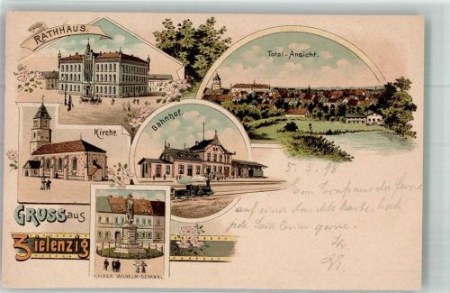 Zielenzig 1898 Rathaus Kirche Bahnhof Denkmal Kaiser Wilhelm Bahnpost Zug -Posen 297