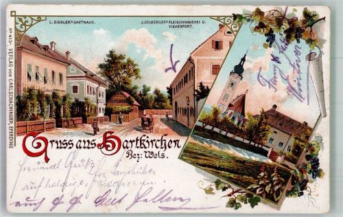 4070 Hartkirchen Lithographie Gasthaus Zeigler Olzenberger´s Fleischhauerei und Viehexport
