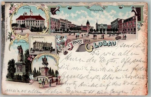 Glogau 1897 Schloss Kriegerdenkmal Kaiser Wilhelm Kommandantur Wilhlemsplatz Lithographie