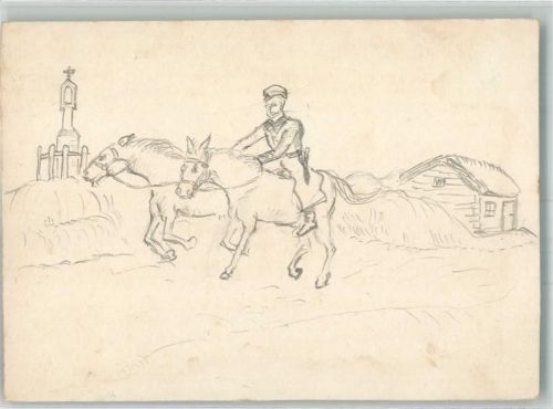 Krakau 1940 Fort Lisia Gora Wegrzce Bleistiftzeichnung Landser zu Pferde Ort handschriftlich