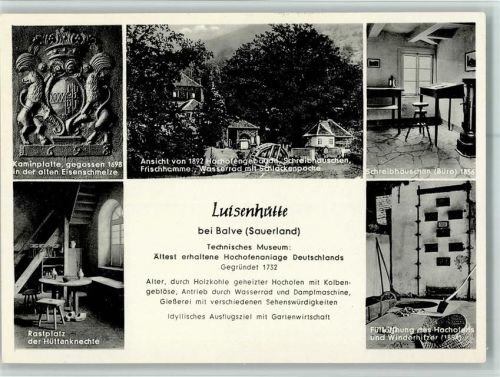 58802 W5983 Balve - Luisenhütte Technisches Museum Rastplatz der Hüttenknechte Kaminplatte Hochofengebäude Schreibhäuschen Frischhamme Wasserrad mit Schlackenpoche Büro Innenaufnahme Füllöffnung des Hochofens und Winderhitzer
