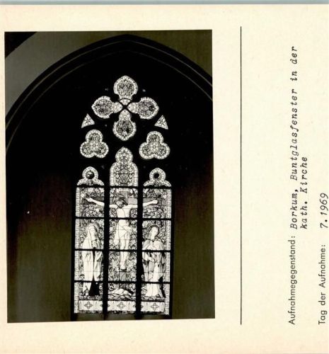 Borkum Buntglasfenster in der Kath. Kirche Foto montiert auf Karton