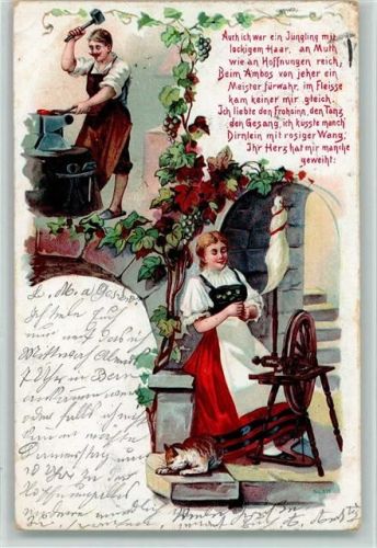 Frau am Spinnrad, Schmied bei der Arbeit, Spruch AK Schmied 1902