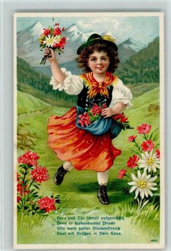 1909 Spruch - Mädchen beim Blumen pflücken AK