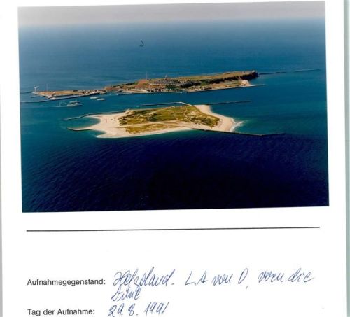 Helgoland Luftaufnahme von Osten Vorne die Düne Foto montiert auf Karton