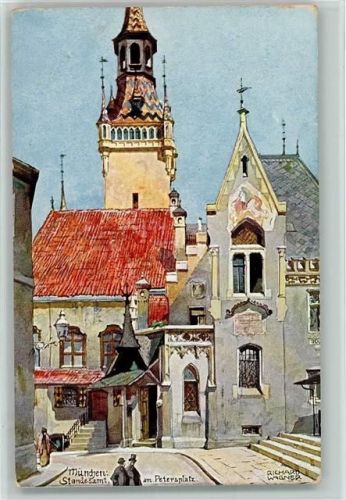 München Standesamt am Petersplatz sign. Richard Wagner Aquarell-Serie München No. 24
