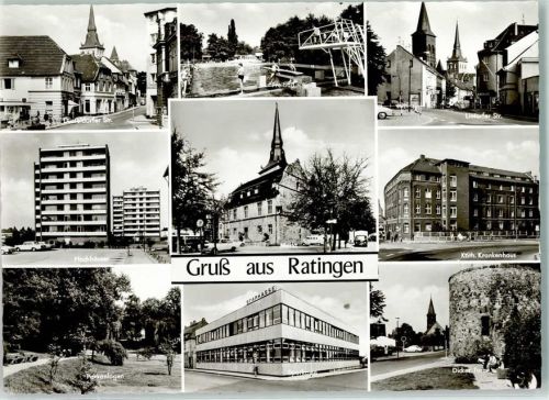 Ratingen Düsseldorfer Straße Hochhäuser Parkanlagen Freibad Markt Sparkasse Lintorfer Straße Kath. Krankenhaus Dicker Turm Rückseite mit Abschürfungen bzw Kleberesten