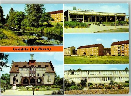 Gröditz Am Kanal Rathaus HO-Kaufhalle Rosa-Luxemburg-Straße II. Oberschule Rückseite mit Abschürfungen bzw Kleberesten