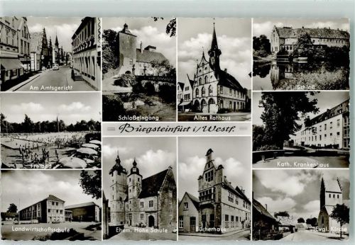 Burgsteinfurt Am Amtsgericht Freibad Landwirtschaftsschule Schloßeingang Ehem. Hohe Schule Altes Rathaus Bücherhaus Schloß Kath. Krankenhaus Evangel. Kirche Rückseite mit Abschürfungen bzw Kleberesten