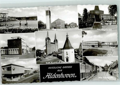 Aldenhoven Rückseite mit Abschürfungen und Kleberesten Freibad Ev. Kirche Am Hagelkreuz Kreissparkasse Kath. Kirche mit Gnadenkapelle Amtsverwaltung Philips-Werk Alte Turmstraße