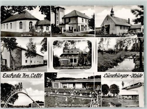 Eschede Rückseite mit Abschürfungen und Kleberesten Ev. Kirche Gemeinde-Haus Kath. Kirche Schule Landhaus Schelploh Partie an der Aschau Freibad im Brunshagen