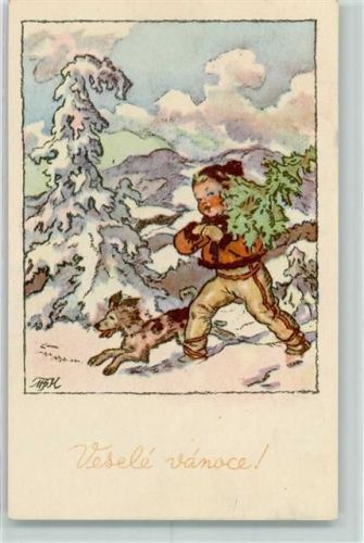 1950 Vesele Vanoce Weihnachten Kind Hund Tannenbaum AK