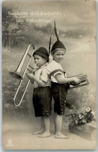 Geburtstag Kind Trompete AK Ziehharmonika 1912 Foto AK