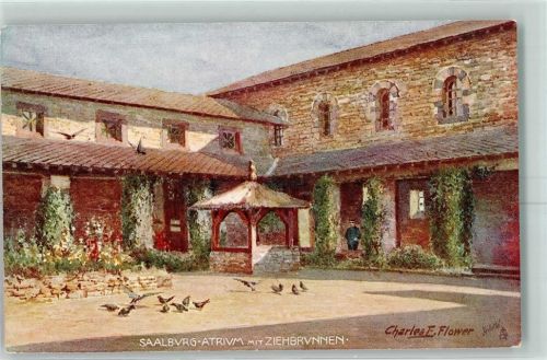 61273 W6393 Saalburg , Taunus, Bahnhof - Atrium Ziehbrunnen Tauben Mann Uniform sign. Charles E. Flower Oilette Serie Saalburg No. 673 B