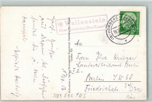 34593 W3589 Wallenstein , Hess - Landpoststempel über Homberg Bz. Kassel