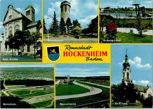 Hockenheim Kath. Kirche Wasserturm Schwimmbad Motodrom Rennstrecke Evangel. Kirche Mehrfachaufnahme