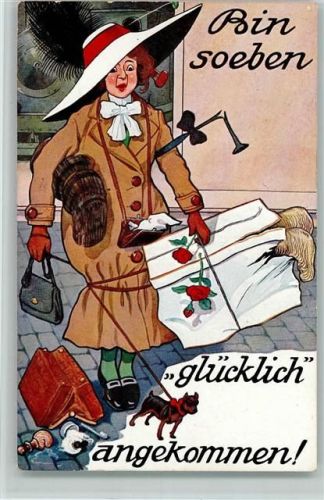 Glücklich angekommen ! Gepäck Eisenbahn Humor AK Engelhard, P.O. / POE