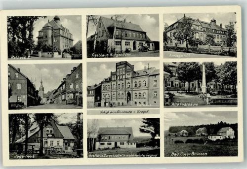 08297 O9417 Zwönitz - Rathaus Gasthaus Burgstädtel Amtsgericht Kirche Alte Postsäule Jägerhaus Bad Guter Brunnen