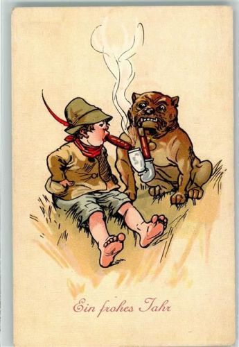 sign H. Christ Ein frohes Jahr Kleiner Junge mit Zigarre während der Hund Pfeife raucht Tiere vermenschlicht Vienne No.171 Boxer Lithographie