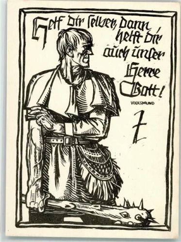 Düsseldorf Linolschnitt Helf Dir selber dann helft dir auch unser Herre Gott NS Gauleitung Hilfswerk des Deutschen Roten Kreuzes