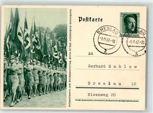 Nürnberg 1937 Festpostkarte zum Reichsparteitag Paradierende SA-Männer mit Hakenkreuzfahnen