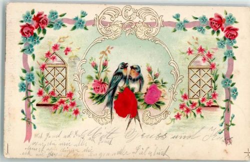 1903 mit echt Stoff Applikation Rosen Vergissmeinnicht