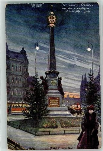 Wien Der Leucht-Obelisk mit Straßenbahn bei Nacht sign. F.Witt