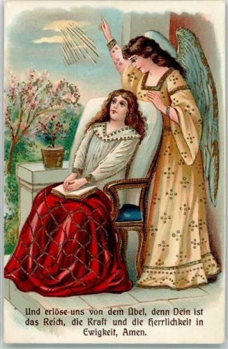 Engel Frau Buch Blumen Lithographie