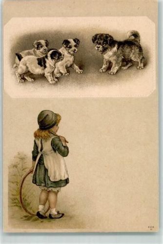 Mädchen mit Reif Drei Hundewelpen mit Mutter Lithographie Welpe Prägedruck