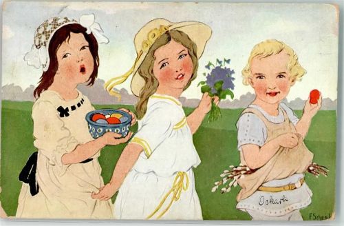 1916 Kinder Weidenkätzchen Osterspaziergang Serie 8-143 Feldpost Landwehr Bäck.Kol.