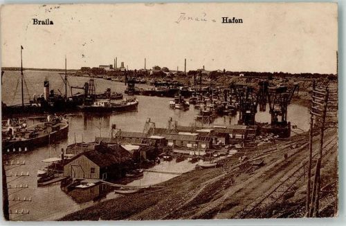 Braila 1917 Gebrauchsspuren Hafen Raddampfer Frachter