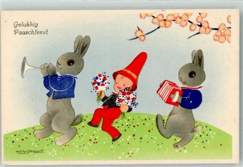 Gelukkig Paaschfeest Ziehharmonika Hase vermenschlich Zwerg Ostern Schermele, W. Künstlerkarte
