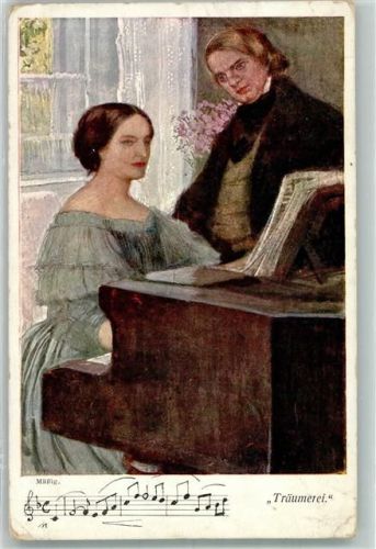 Träumerei Schuhmann Robert u. Ehefrau Clara am Klavier Serie 999.5 W.R.B. & Co. Wien - Galerie Wiener Künstler 1911 Gebrauchsspuren